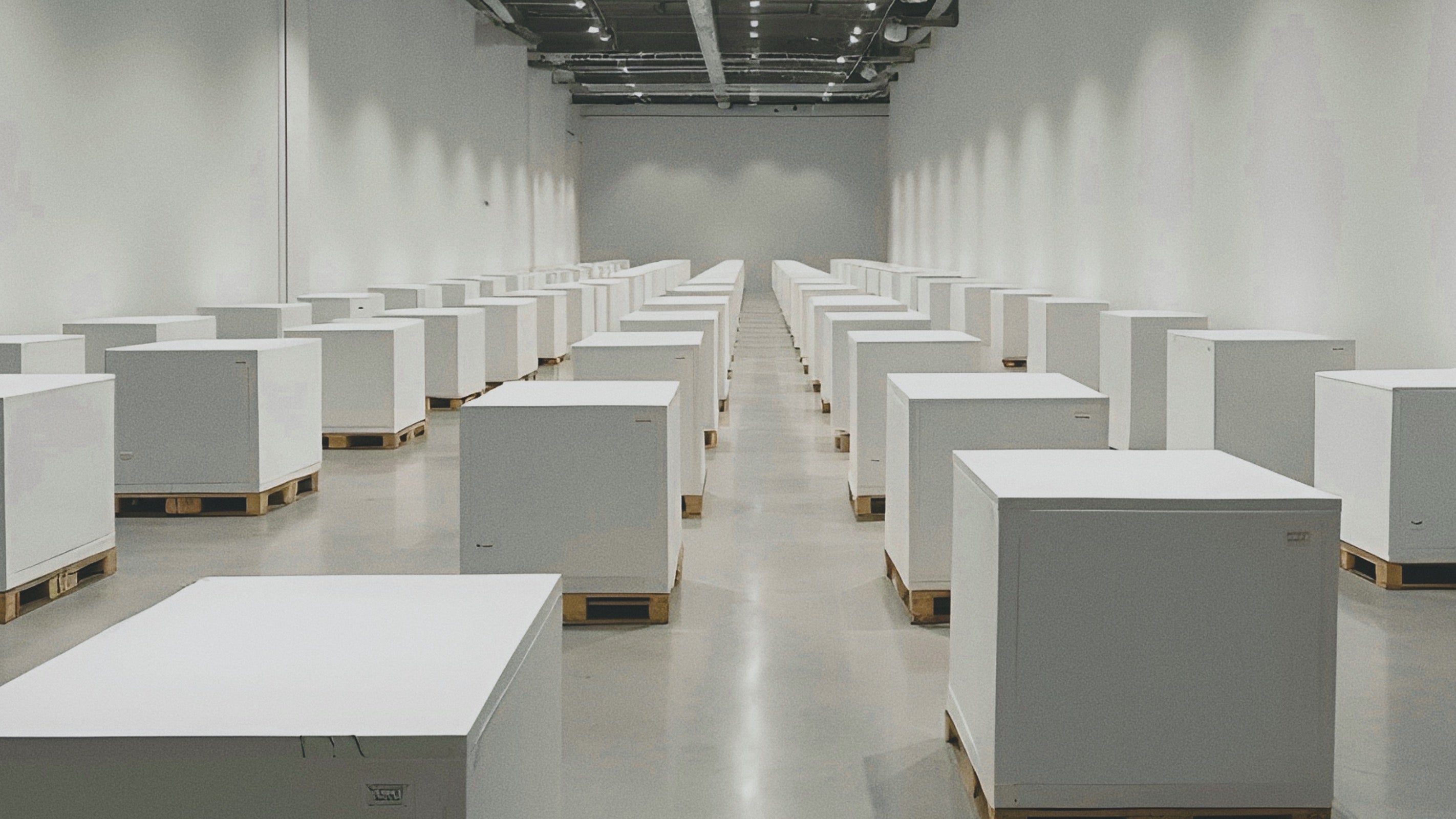 Rows of white storage boxes in a large, modern warehouse space with concrete floors.