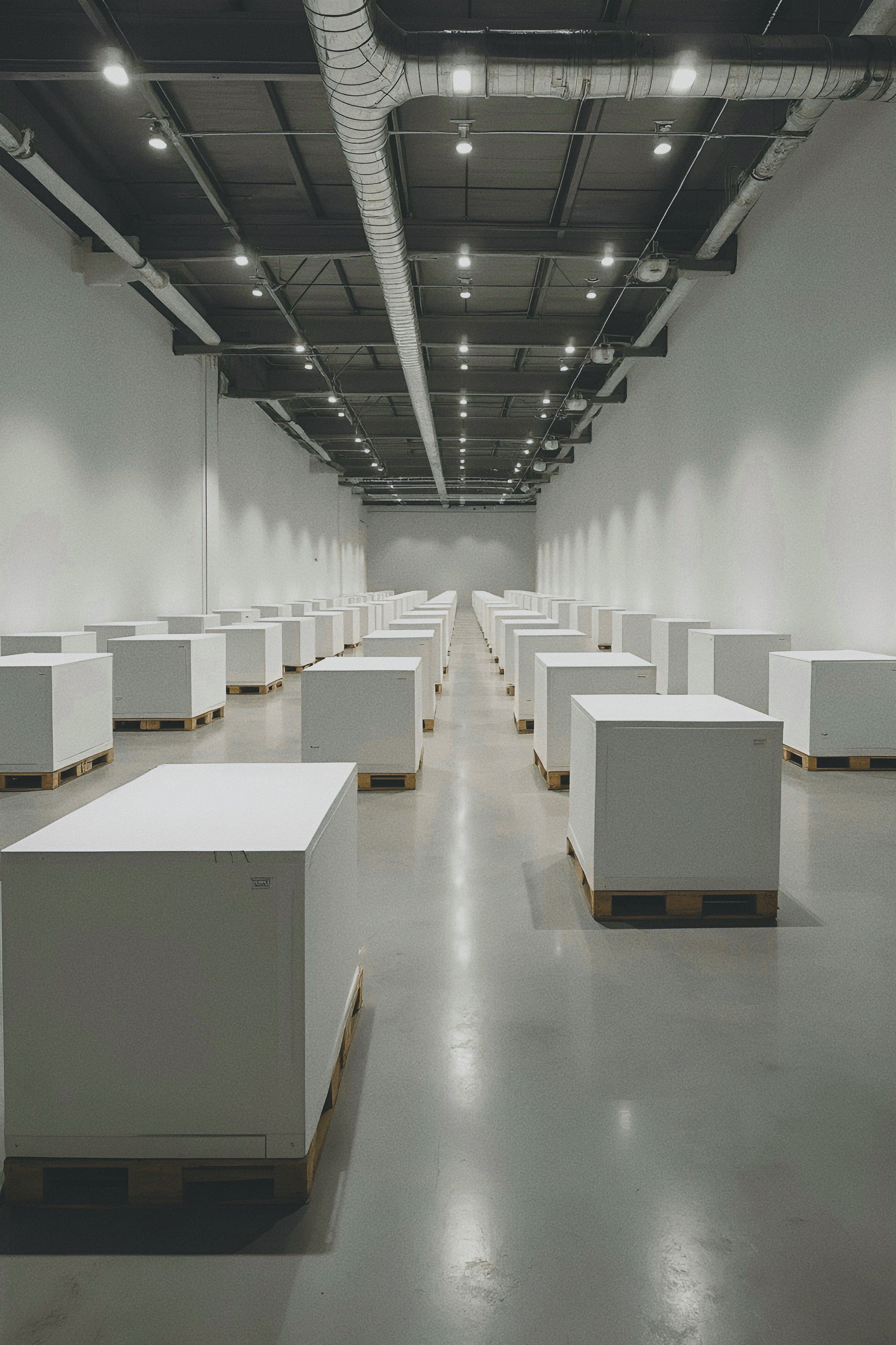 A modern gallery space with rows of white display cubes in a well-lit, minimalist warehouse.